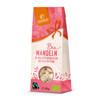 Mandeln in weißer Schoko mit Rosenblüte